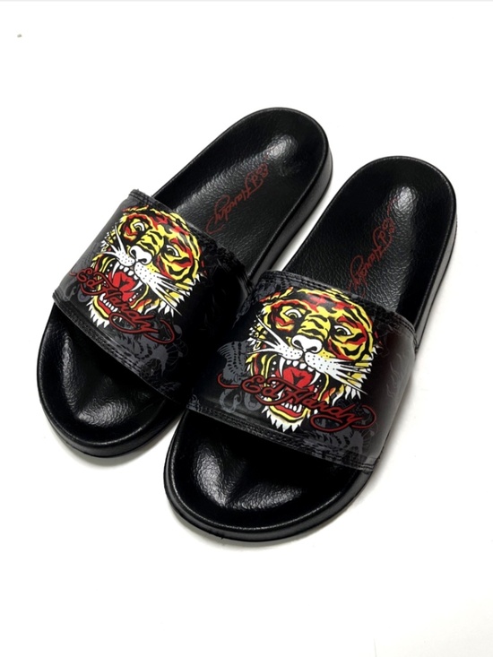Ed Hardy Tiger Head Slide Sandals Black Red Graphic Logo Y2K NWOB main image 9
